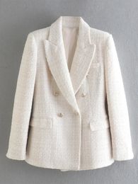 Женские костюмы, пиджаки, бежевый твидовый женский пиджак, офисная женская однотонная двубортная куртка на пуговицах, повседневное пальто для девочек