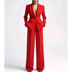 Dameskostuums Blazers Damestailorset Rood Sexkostuum Elegante blazer met V-hals en broek met wijde pijpen Broek Plus Maat Twee Stuk tailleur femmes ensemble231023