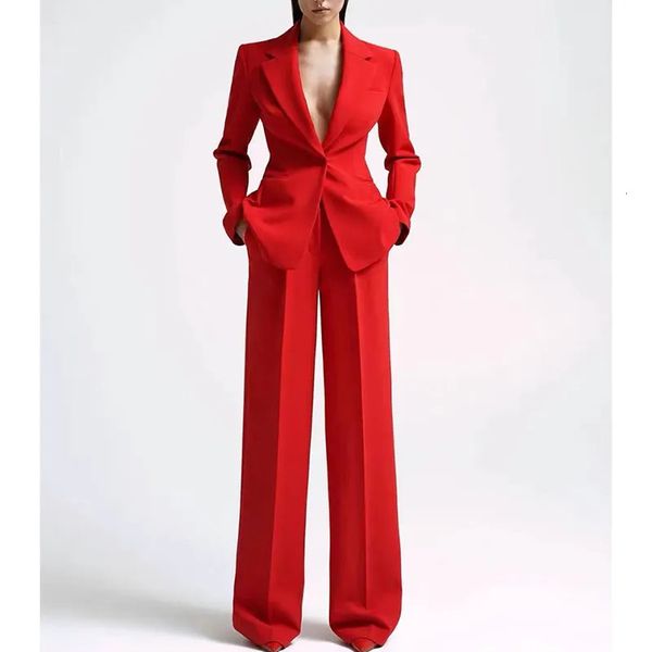 Women's Suits Blazers Ensemble de tailleur pour femme, costume sexuel rouge élégant, Blazer à col en v et pantalon à jambes larges, ensemble Broek Plus Maat Twee Stuk tailleur femmes ensemble231023