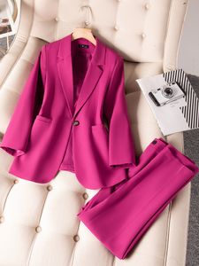 Damespakken Blazers Vrouwen werken Draag Pant Suit koffie Pink Pink Black Office Ladies Business 2 -delige set vrouwelijke enkele knop rechte blazer en broek 230306