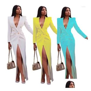 Costumes pour femmes Blazers Femmes élégantes Femmes Blazer Robe Chic Mode Dame À Manches Longues Double Boutonnage Maxi Veste Manteau Drop Deliv Dhulc