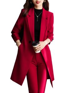 Trajes de mujer Blazers Pantalón para mujer Trabajo Abrigo de negocios Ropa Rojo Azul Negro Conjunto de chaqueta larga Mujer Oficina Damas 2 piezas Abrigo y pantalón 231215