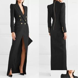 Costumes pour femmes Blazers Costumes pour femmes Robe de soirée noire Or Double boutonnage Dames Longue Veste Costume Prom Invité Formel Sur Mesure Blaz Dhbe8