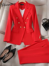 Damespakken Blazers Yitimuceng Elegant Office Dames Tweedelige sets Outifits 2023 Double Breasted Lange mouwen Losse casual broek 231214