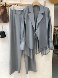 Trajes de mujer Blazers Yitimuceng Conjuntos de oficina para mujer sólidos 2023 Moda con cordones Cuello vuelto Manga larga Pantalones anchos sueltos 231214