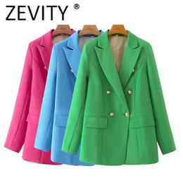 Damespakken Blazers ZEVITY Vrouwen Mode Double Breasted Snoep Kleur Blazer Jas Vintage Lange Mouwen Klepzakken Vrouwelijke Bovenkleding Chic Veste 230808