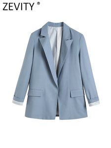 Costumes pour femmes Blazers ZEVITY femmes mode col cranté solide couture ouverte lin Blazer manteau bureau dame rayé imprimé Chic affaires costumes CT2608 230311