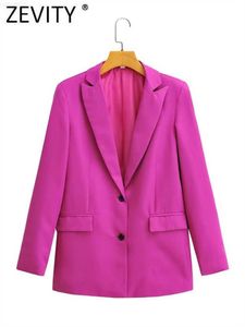 Dameskostuums Blazers Zevity Dames Mode Rose Red Pocket Blazer Coat Office Notched Collar Lange mouw Vrouwelijke Bovenkleding Chic Veste Suits Tops CT2435 L230724
