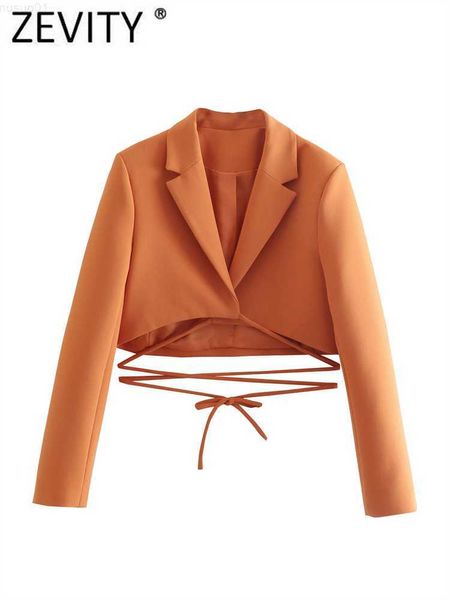 Costumes pour femmes Blazers Zevity Femmes High Street Col cranté Ourlet à lacets Orange Blazer court Manteau Femme Noeud Noué Survêtement Chic Crop Tops CT101 L230724