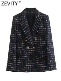 Damen Anzüge Blazer ZEVITY Damen Vintage Kerbkragen Buntes Band Plaid Tweed Wollblazer Mantel Damenoberbekleidung Chic Veste Tops CT2982 230407