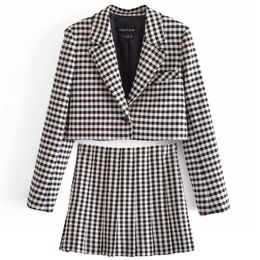 Damespakken Blazers Zhenbaili Vrouwelijke Plaid Chic College Stijl Pak Lattice Lange Mouwen Jas Western A-Line Rok Twee Stuk Sets Vrouwen