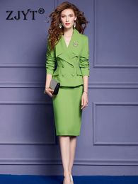 Trajes de mujer Blazers ZJYT Elegante chaqueta con cuello vuelto, traje de falda de 2 piezas para mujer, conjuntos de vestido, traje de fiesta de oficina, otoño, talla grande 4XL, verde 231024