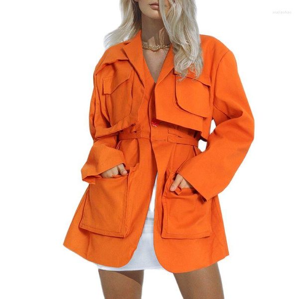 Costumes pour femmes Blue Women'S Street Multi Big Pocket Jacket Ladies Coat Notch Lapel Design à manches longues Orange Blazer Fashion Wear