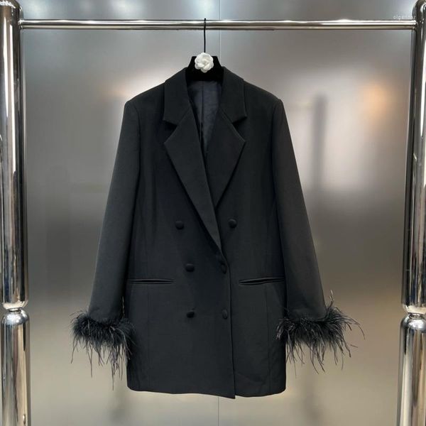 Costumes pour femmes BORVEMAYS Blazer noir tempérament ample col sur mesure Double boutonnage couleur unie plume automne 2023 manteau WZ5258