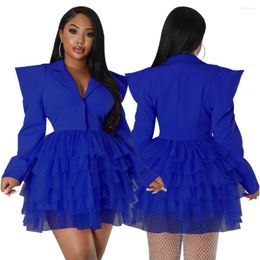 Costumes pour femmes Bule femmes Blazer robe simple boutonnage veste à manches bouffantes avec maille plissée grande balançoire jupe Chic 2023 dans les vêtements d'extérieur