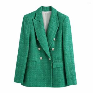 Costumes pour femmes Cacocala 2023 printemps femmes veste orné bouton Tweed laine manteaux femme décontracté épais vert Blazers bleu survêtement