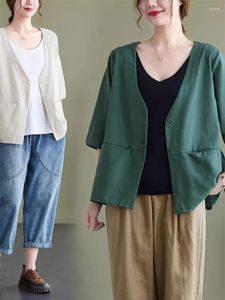 Costumes pour femmes Coton polyvalent décontracté coton et costume de lin couleurs solides couleurs courtes couches surdimensionnées estivales confortables à demi-manche K812