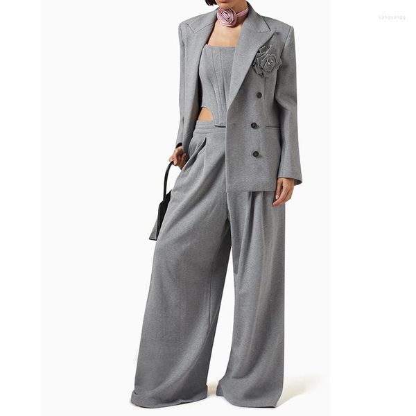 Costumes pour femmes Classique Casual Gris Pur Coton Blazer Femmes Haut De Gamme À Manches Longues Double Boutonnage En Trois Dimensions Manteau De Fleur Détachable