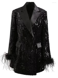 Trajes de mujer abrigo otoño moda señoras fiesta negro lentejuelas pluma lujo temperamento Chic manga larga Mini rompevientos