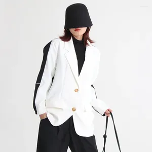 Trajes de mujer, chaqueta elegante con empalme de Color, Blazer de manga larga con solapa para mujer, traje holgado de longitud media para oficina y calle 2023
