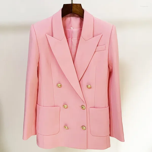 Trajes de mujer Diseño Rosa Chaqueta larga Mujer 2023 Chaqueta de traje Doble botonadura Botón dorado Decoración de bolsillo grande Blazers rectos sueltos