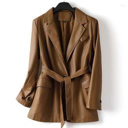 Damenanzüge Designer PU Leder Blazer Jacke Frauen Langarm V-Ausschnitt mit Gürtel Lady Slim Blazer Mantel