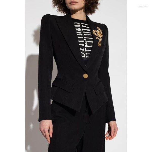 Suits de mujeres a principios de otoño Pista de solapa grande Botón corto Blazer Fashion Fashion Black manga larga bordado de insignia de serpiente traje