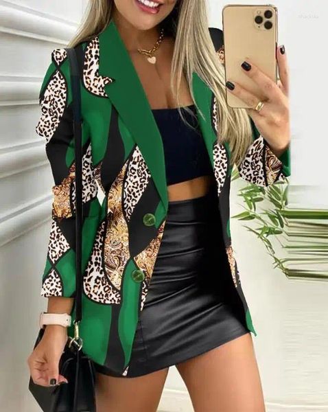 Trajes de mujer Blazer elegante Mujer Manga larga Cuello con muescas Estampado de leopardo barroco Chaqueta de trabajo abotonada Abrigo 2024 Moda Outwear Otoño