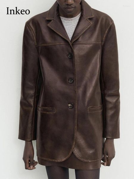 Trajes de mujer elegante chaqueta de piel sintética marrón chaqueta de una sola botonadura 2024 otoño moda suelta cuello con muescas abrigo de PU INKEO 4O016