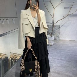 Damespakken Elegant Chic Crop Suit Jack voor vrouwen Lange mouw Solide kleur Korte blazer uit het dames Koreaanse Koreaanse enkele knop Top grijs