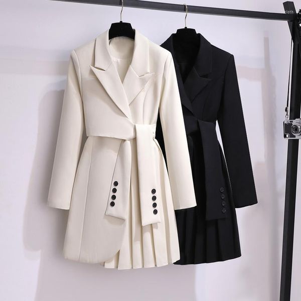 Abiti da donna Elegante blazer lungo pieghettato Tunica con maniche dentellate Fasce Solido Slim Blazer larghi Cappotto primaverile moda femminile