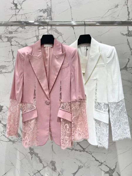 Trajes de mujer elegante chaqueta rosa de oficina para mujer chaqueta de encaje transparente de retazos de moda chaquetas de acetato blanco de manga larga