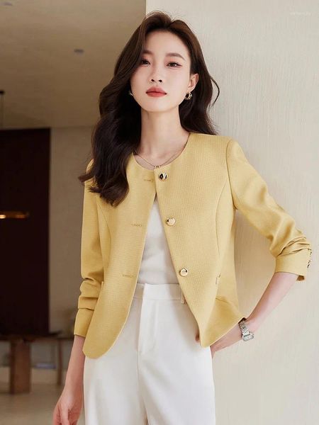 Trajes de mujer Elegante Amarillo Manga Larga Blazers Chaquetas Abrigo Otoño Invierno Mujer Ropa de Trabajo de Negocios Profesional Oficina Señoras Outwear Tops