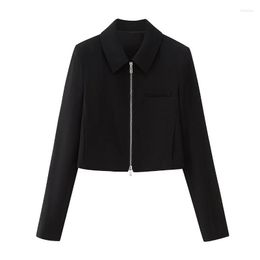 Trajes de mujer europeo Otoño e Invierno 2023 Casual de manga larga con cremallera chaqueta corta ajustada negra Sexy blusa elegante