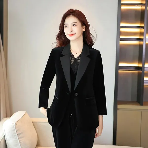 Costumes pour femmes Mode Automne Femmes Blazer Coréen À Manches Longues Courtes Veste En Velours Doré Femme Lâche Casual Bureau Costume Sauvage Dames Tops