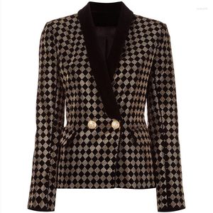 Trajes de mujer Moda Blazer a cuadros negro Abrigo para mujer High Street Est 2023 Chaqueta de diseñador Top Cuello de chal Diamantes Terciopelo femenino