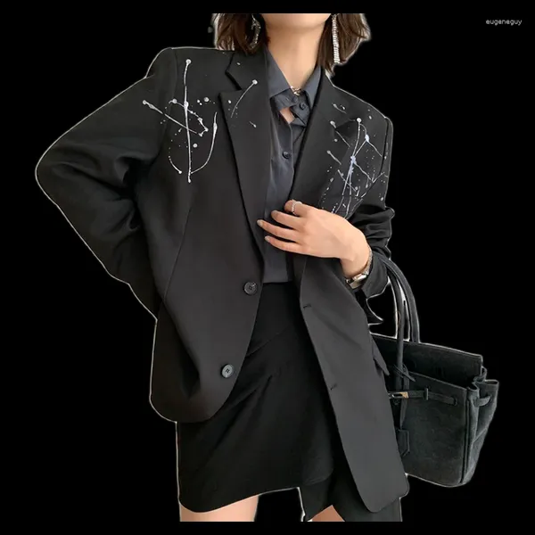 Costumes pour femmes, Blazer à manches longues, Niche imprimée à l'encre, décontracté, noir, veste de costume français, automne 2023