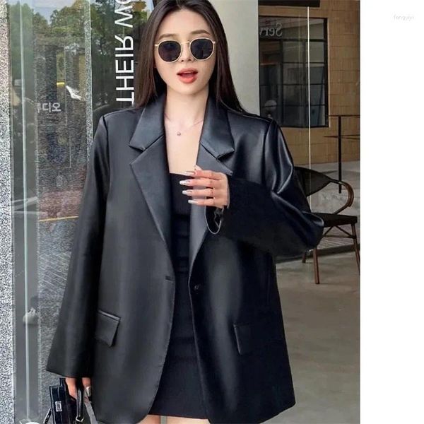 Costumes de femmes Blazers Femmes Femmes Pu Leather Veste Casual Black Punk Bomber Faux Cox for Female 2024 Spring Autumn Elegant Outwear