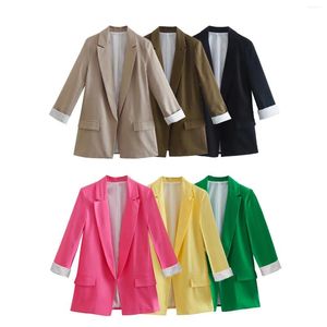 Costumes pour femmes Mode Cuff Linge Femmes Blazer Manteau 2023 Rose Jaune Vert Vintage Manches Longues Poches Welt Femelle Survêtement Chic Costume Jac