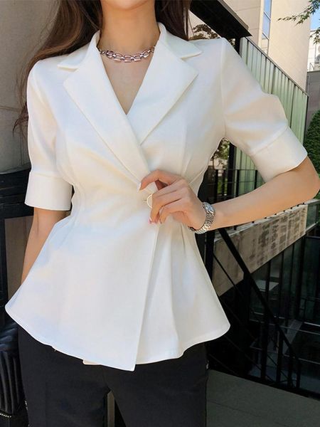 Costumes pour femmes Mode Élégant Blanc Noir Vestes Femmes À Manches Courtes Taille Plissée Tops Femme Bureau Lady Manteau Style De Travail Blouse D'affaires