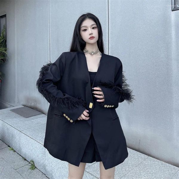 Trajes de mujer Chaquetas de traje de plumas de moda para mujer Blazer negro con un botón Mujer Manga larga Oficina Damas Trabajo Elegante Invierno Mujer