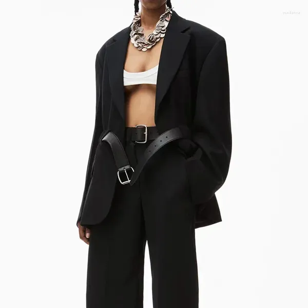 Trajes de mujer, chaqueta de traje con cinturón de cuero auténtico a la moda, ropa de gama alta, chaqueta clásica negra de manga larga con solapa, chaqueta de oficina para mujer de verano