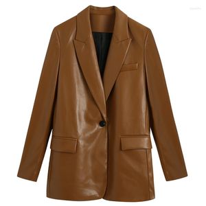 Costumes pour femmes mode cranté marron PU Blazers femmes Faux cuir vestes amples élégant bouton unique femme dames Outwear mi-longueur