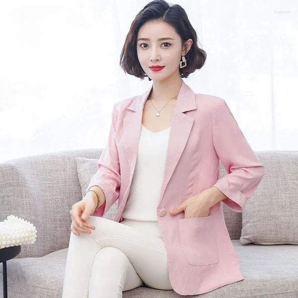 Costumes pour femmes mode rose Blazer Femme mince tempérament sauvage glace soie coton lin veste une boucle printemps blanc haut pour Femme élégant