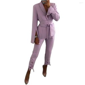 Vrouwen Pakken Mode Paarse Vrouwen Blazer Met Riem Sexy V-hals Formele Kantoor Dame Broek Pak Prom Party bruiloft (Jas Broek)