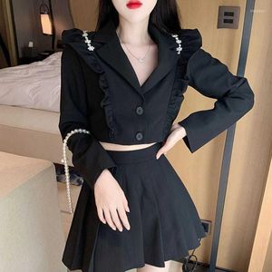 Damespakken Mode Ruches Blazer Herfst Koreaanse stijl Bijgesneden jas Dames Zwart Grijs Chic Streetwear Pakjassen