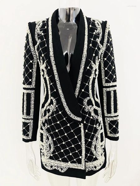 Costumes pour femmes, mode de styliste, col châle, superbes diamants, perles, Blazer noir perlé, Cardigan automne hiver