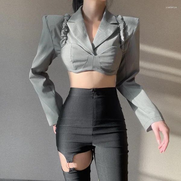 Costumes pour femmes Mode Sexy Blazer court Femmes Épaulettes Vestes Courtes Manches Longues Chic Y2k 2024 Coréen Élégant Élégant Blazers Gris