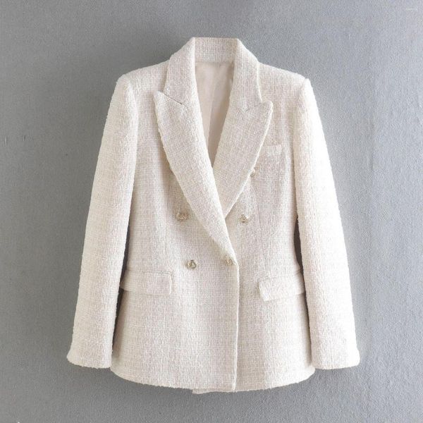 Trajes de mujer Moda Cuello chal Diseñador Tweed Blazer para mujer Textura Doble botonadura Bolsillo Top Sólido Suelto Casual Elegante Blazers