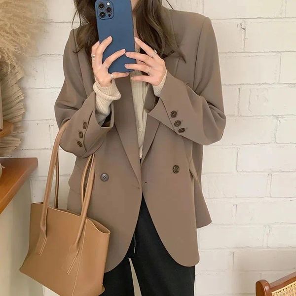 Women's Suits Moda mujer Blazer abrigo otoño coreano manga larga Casual doble botonadura suelta traje de oficina chaqueta señoras prendas de vestir exteriores H3150